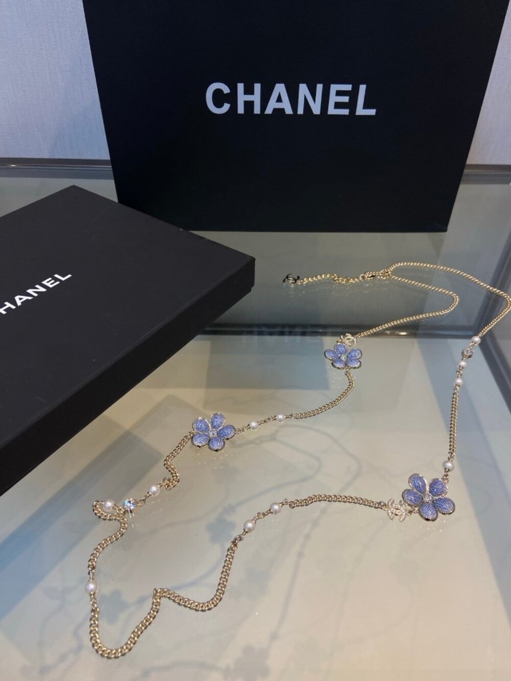 Chanel Gold-Tone Blue Enamel Flower Pearl Crystal Long Necklace - Picture 4 of 7